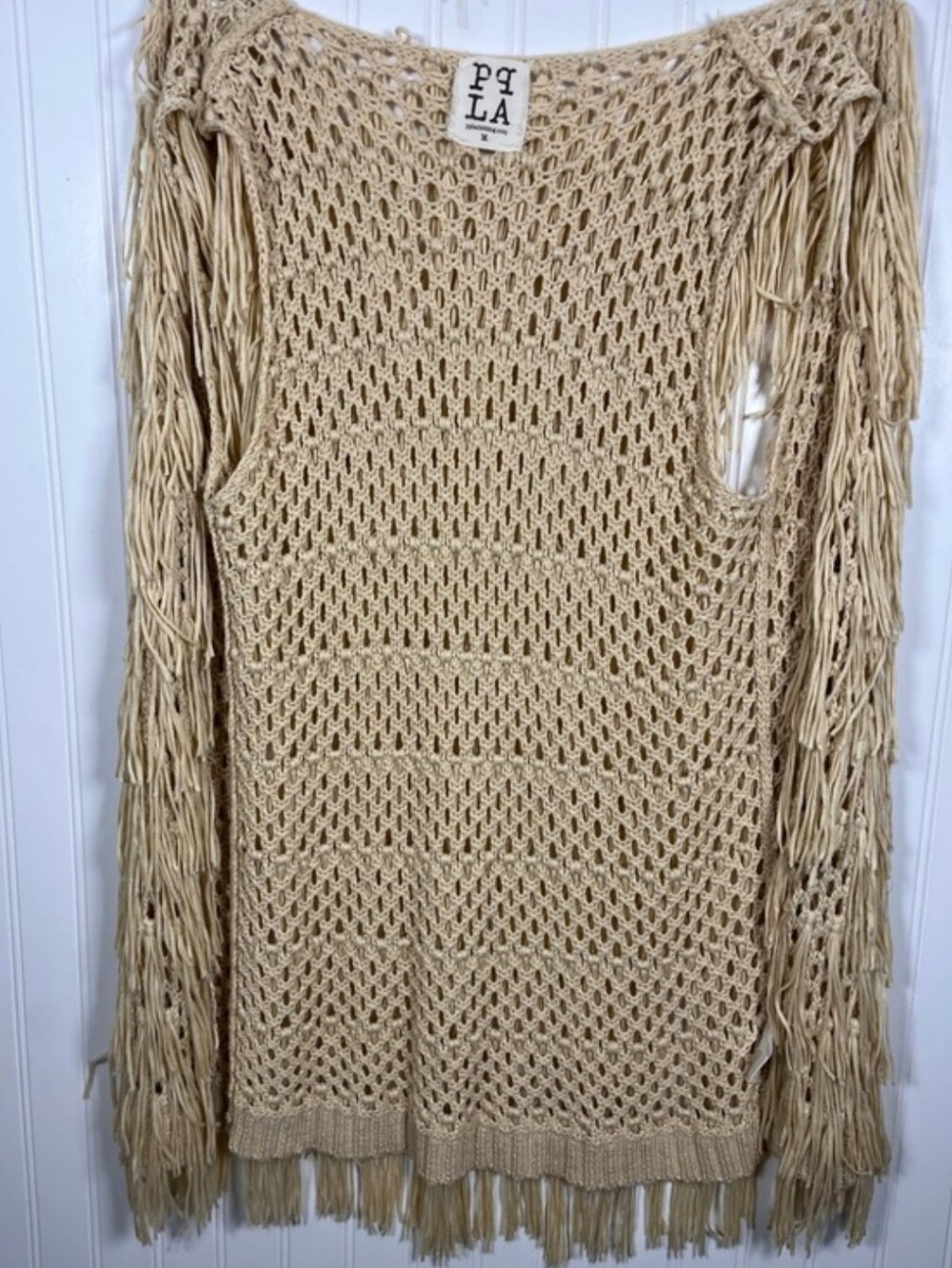 PPLA Flounder Fringe Vest Knit Boho Sleeveless Duster in Cream Size Medium - Picture 14 of 14